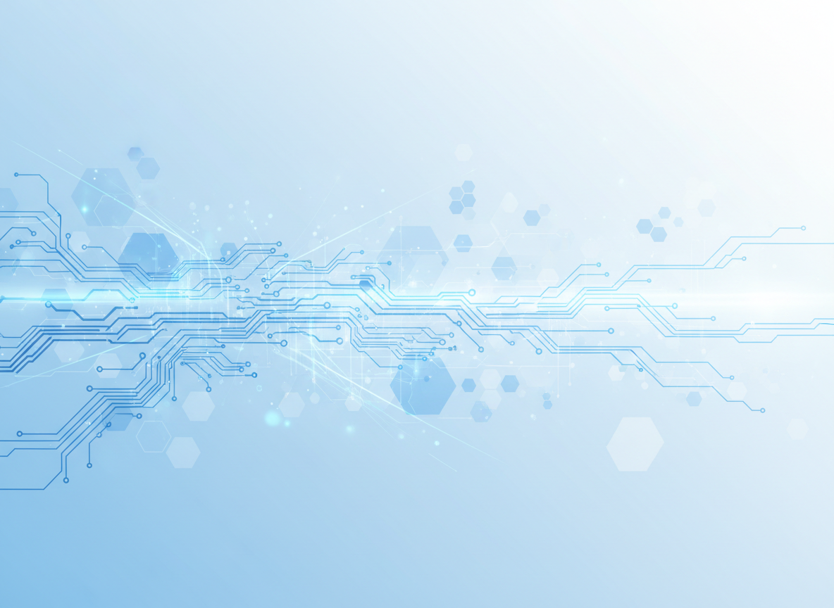 futuristic AI digital technology illustration with abstract blue circuits, glowing data lines, and a clean light background that matches a light blue and white website
